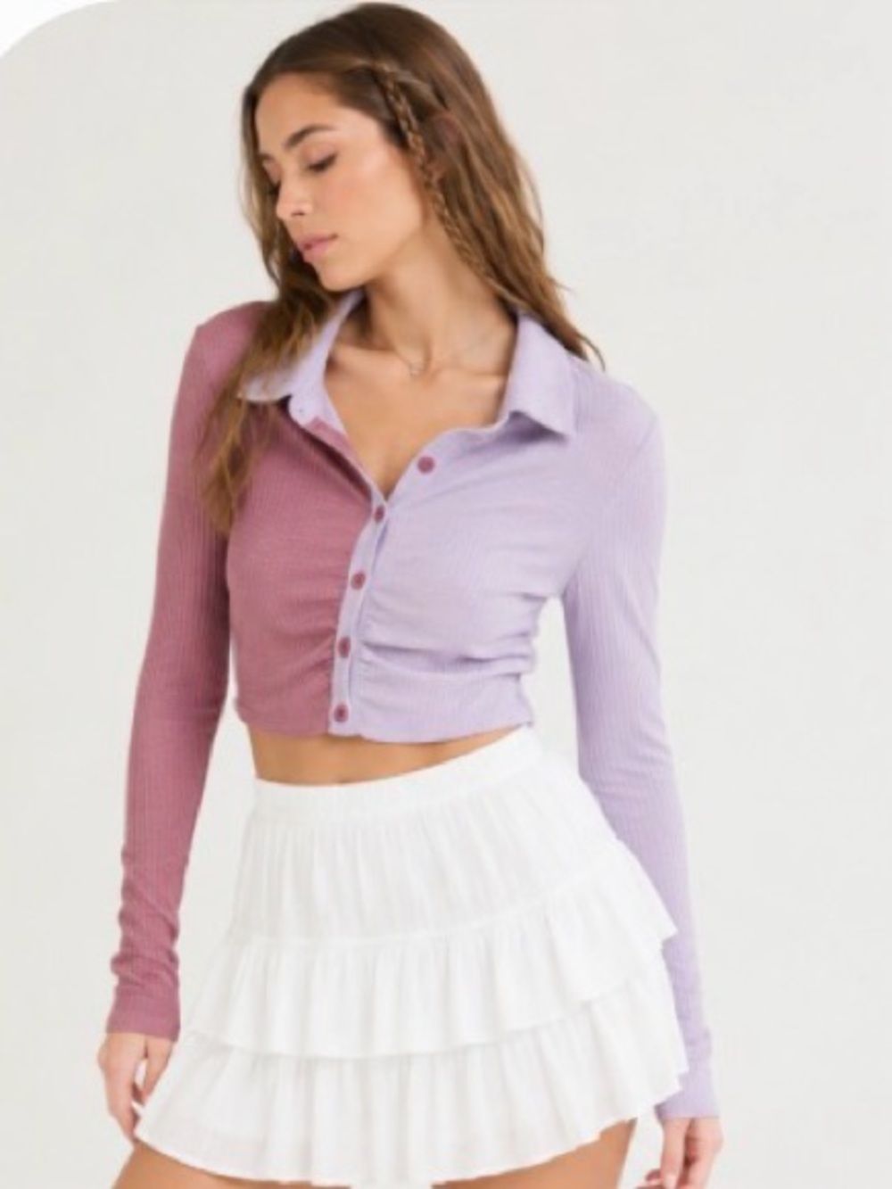 NWT Princess Polly Jazmine Two Tone Ribbed Cropped Polo Purple Lilac Size 4 S